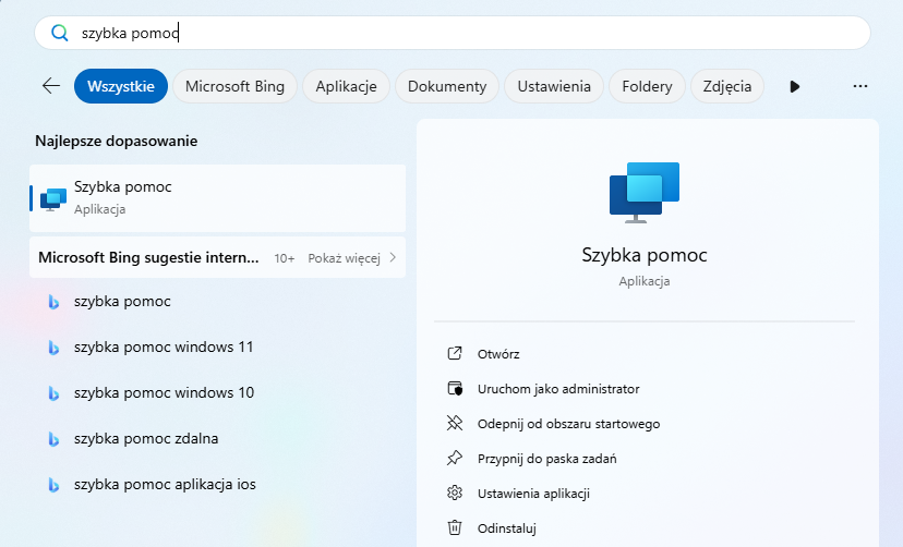 Okno Szybka pomoc w systemie Windows