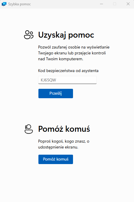 Wpisywanie kodu w aplikacji Szybka pomoc